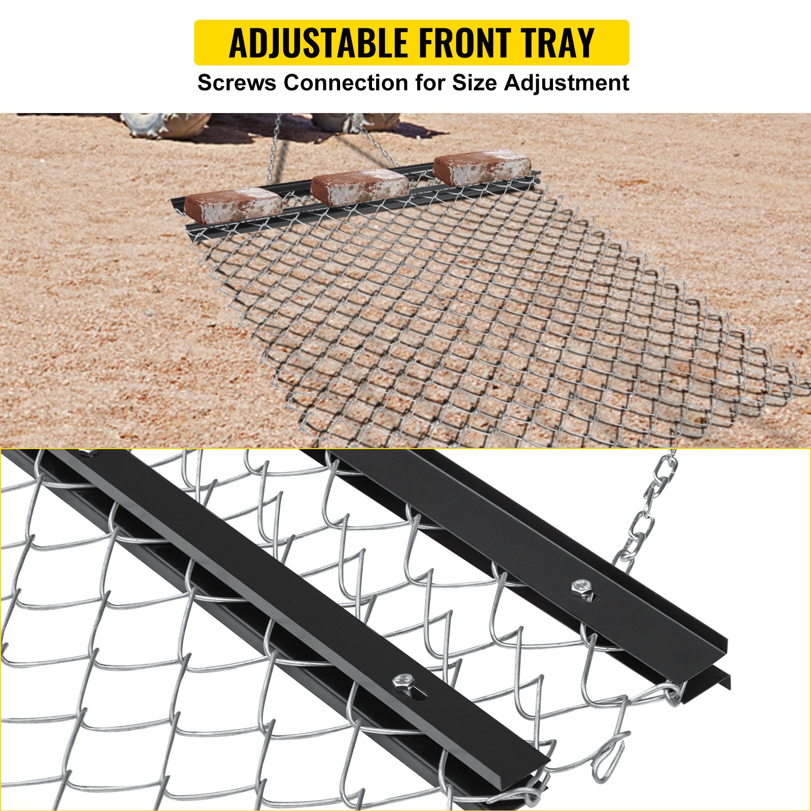 VEVOR atv chain drag mat with adjustable front tray and screw connection for size adjustment.