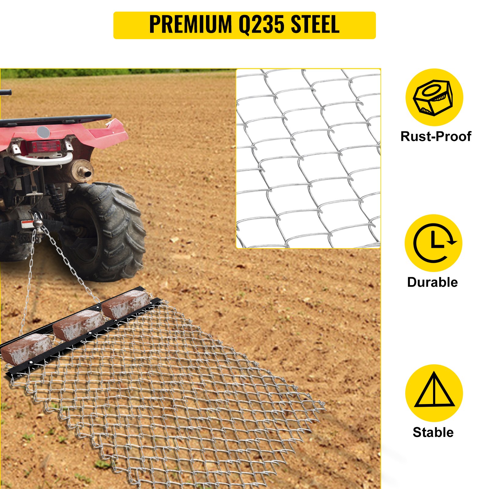 atv towing VEVOR atv chain drag mat on a field, highlighting rust-proof q235 steel.