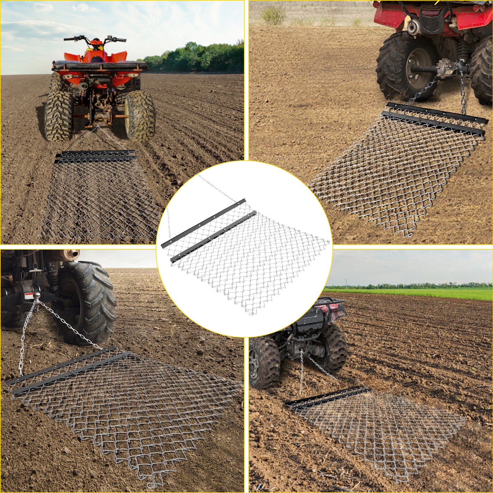 VEVOR atv chain drag mat attached to four different atvs on tilled soil.