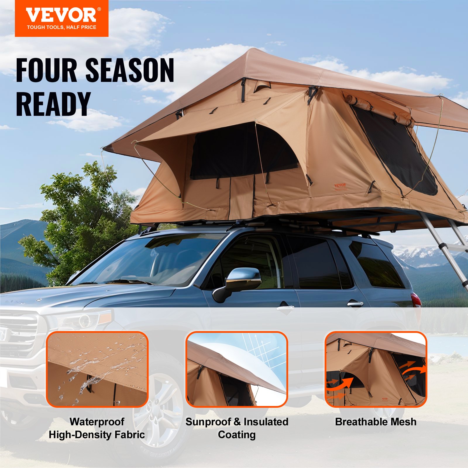 VEVOR Rooftop Tent Hard Shell, Naturnest Rooftop Tent Hardshell for 2-3 Person, Folding Hard Shell Roof Top Tent with Telescopic Ladder Mattress PVC Cover Bag, Waterproof for Jeep SUV Van Pickup Truck