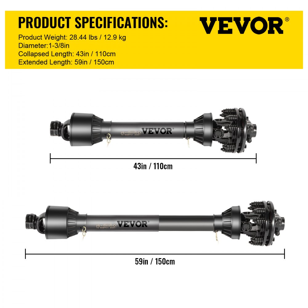 VEVOR PTO Shaft, 1-3/8” 6 Spline Tractor and Implement Ends PTO Driveline Shaft, Series 4 Tractor PTO Shaft, 43”-59” Brush Hog PTO Shaft with Slip Clutch Black, for Finish Mower, Rotary Cutter