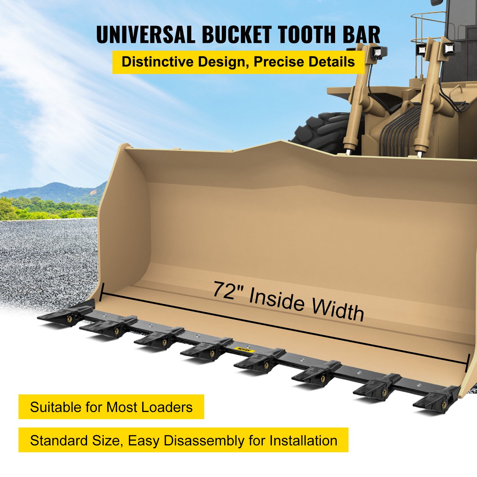 VEVOR Bucket Tooth Bar 72'' Inside Bucket Width Tractor Bucket Teeth 9.84\'\' Teeth Space Tooth Bar for Loader Bucket 23TF Bolt on Tooth Bucket Enables Penetration of Compacted Soil and Other Materi