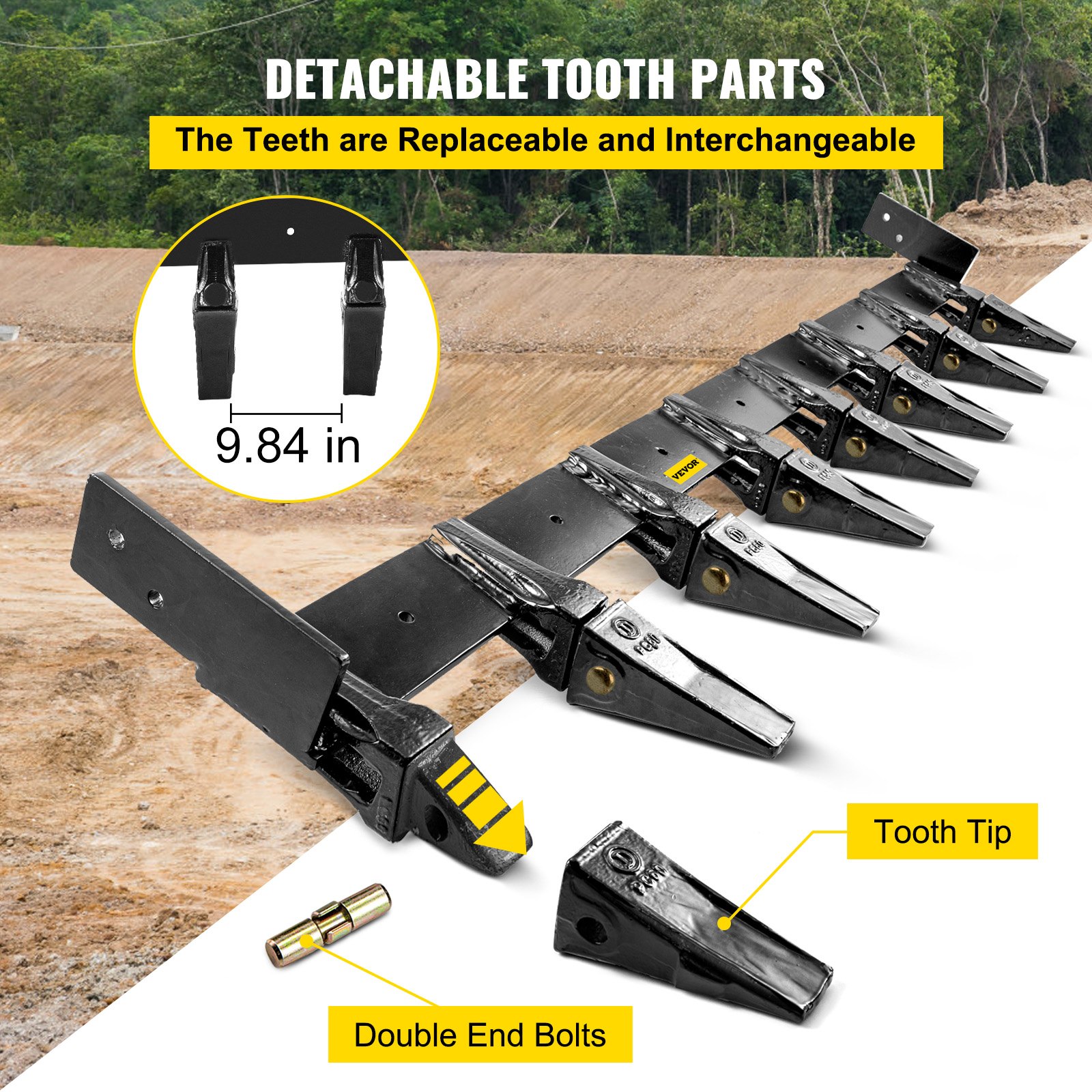 VEVOR Bucket Tooth Bar 72'' Inside Bucket Width Tractor Bucket Teeth 9.84\'\' Teeth Space Tooth Bar for Loader Bucket 23TF Bolt on Tooth Bucket Enables Penetration of Compacted Soil and Other Materi