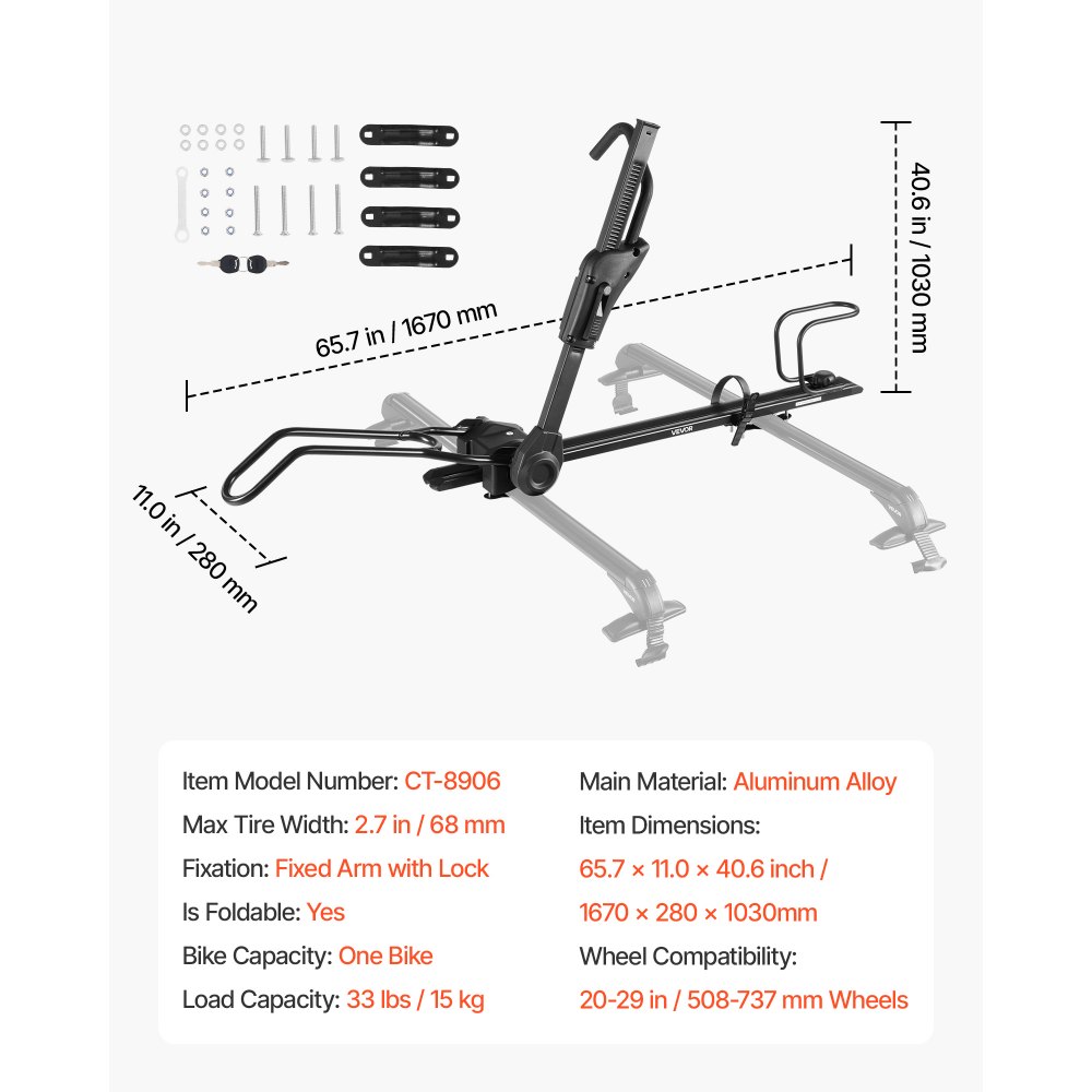 VEVOR Roof Bike Rack, 15 kg Capacity, Foldable Upright Roof Mount Bicycle Rack with Locking Systems & Adjustable Arm for T-Slot Crossbars, Upright Rooftop Bike Rack 1 Bike Carrier for Car SUV, Black