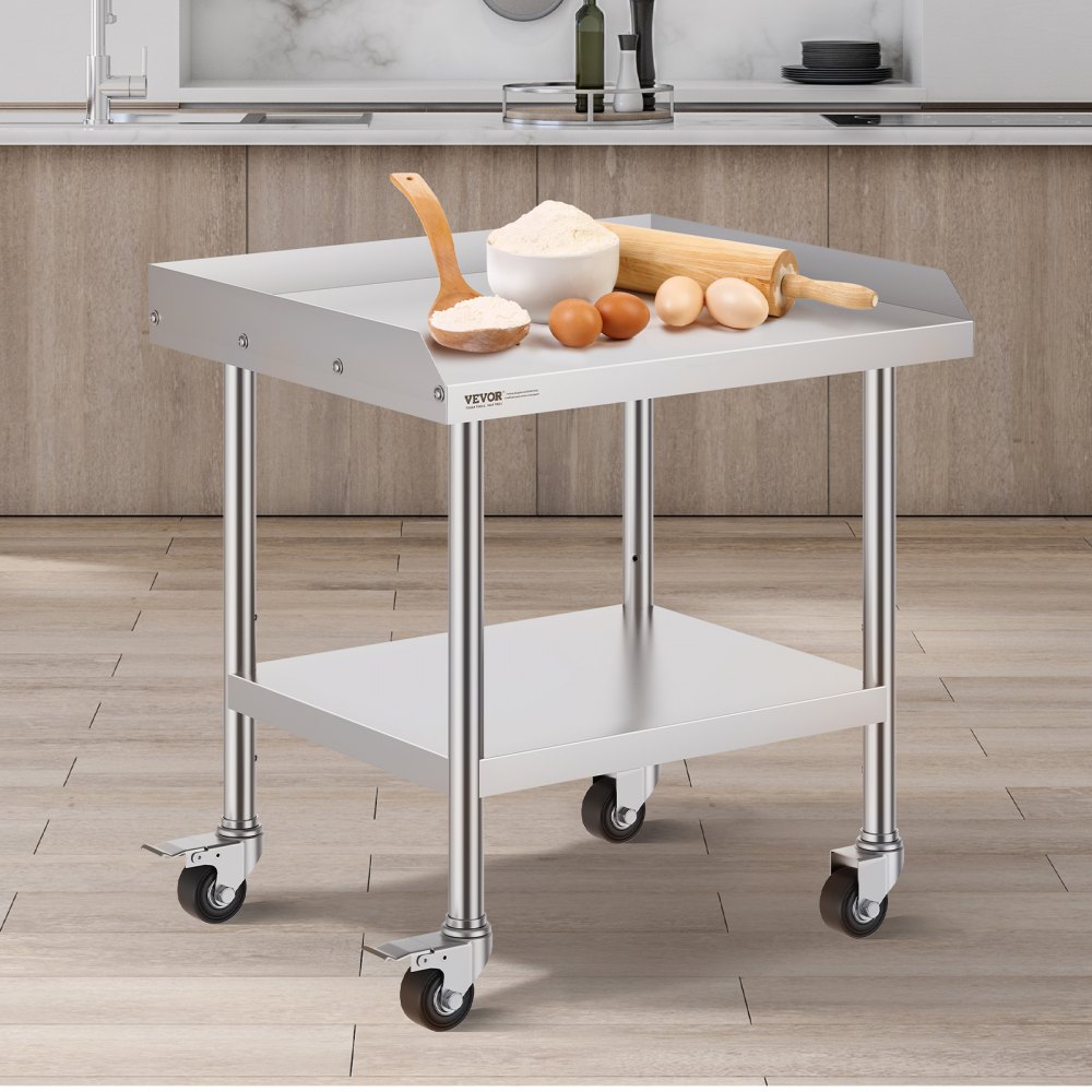VEVOR stainless steel work table in kitchen setup with rolling pin, eggs, and flour.
