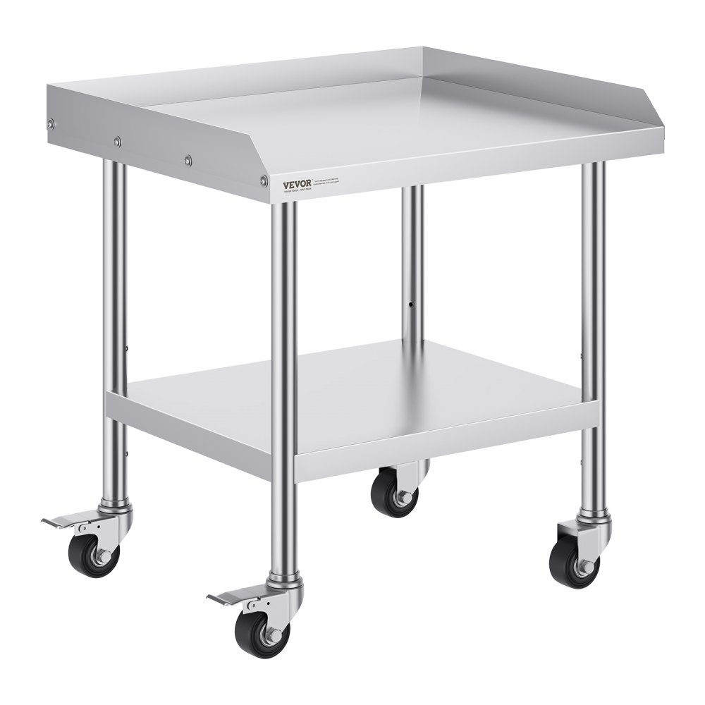 VEVOR stainless steel work table with wheels and a lower shelf, featuring a raised edge top.