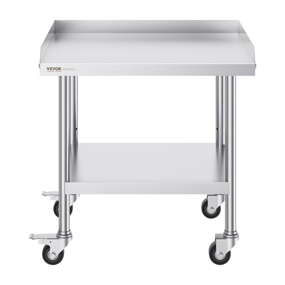 VEVOR stainless steel work table with undershelf and rolling casters.