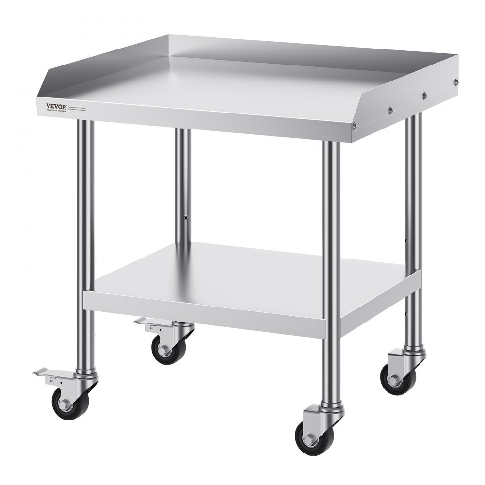 VEVOR stainless steel work table with lower shelf, raised sides, and caster wheels for easy mobility.