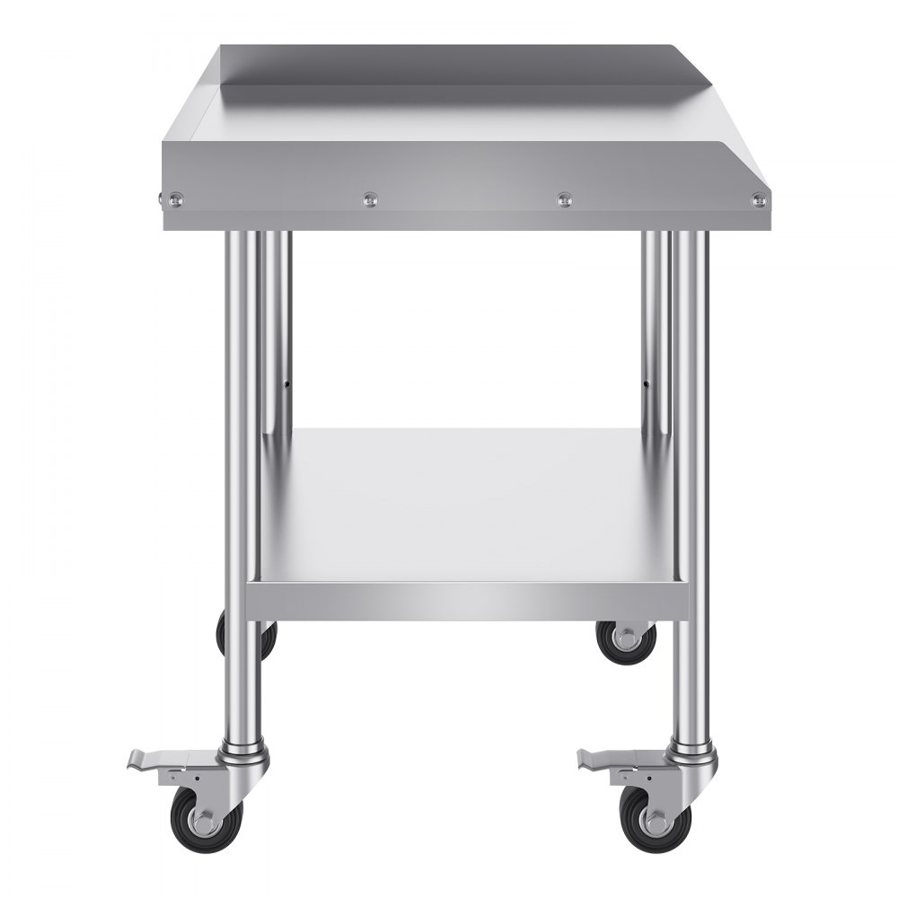 VEVOR stainless steel work table with caster wheels, bottom shelf, and raised edges for stability.