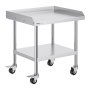 VEVOR stainless steel work table with wheels and a lower shelf, featuring a raised edge top.