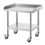 VEVOR stainless steel work table with lower shelf, raised sides, and caster wheels for easy mobility.
