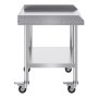 VEVOR stainless steel work table with caster wheels, bottom shelf, and raised edges for stability.