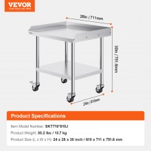 VEVOR Stainless Steel Work Table, 24 x 28 x 30 Inch Commercial Food Prep Worktable with 4 Wheels, Casters, 3-Sided Backsplash Heavy Duty Prep Worktable, Metal Work Table for Restaurant Home Hotel