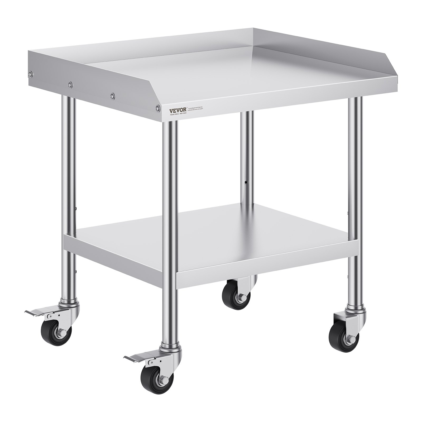 VEVOR stainless steel work table with wheels and a lower shelf, featuring a raised edge top.