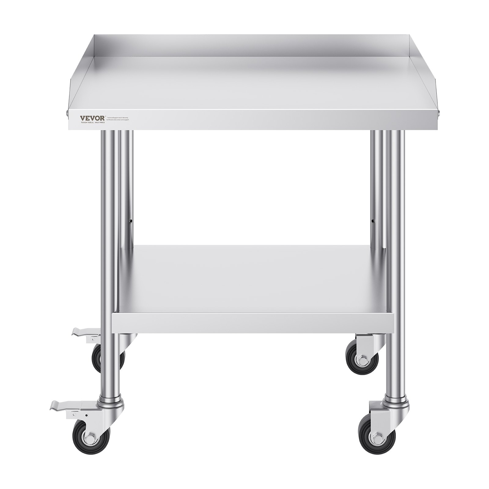 VEVOR stainless steel work table with undershelf and rolling casters.