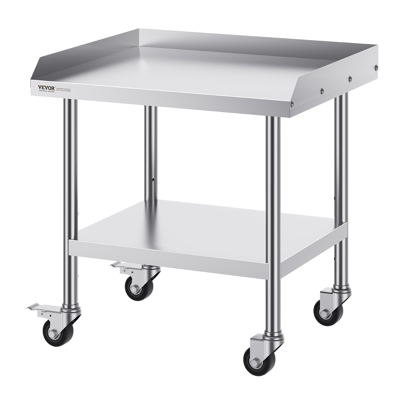 VEVOR stainless steel work table with lower shelf, raised sides, and caster wheels for easy mobility.