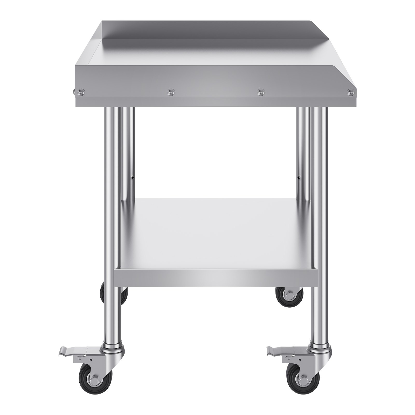 VEVOR stainless steel work table with caster wheels, bottom shelf, and raised edges for stability.