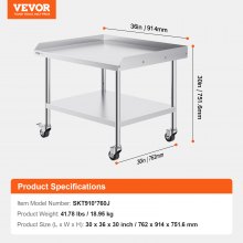 VEVOR Stainless Steel Work Table, 30 x 36 x 30 Inch Commercial Food Prep Worktable with 4 Wheels, Casters, 3-Sided Backsplash Heavy Duty Prep Worktable, Metal Work Table for Restaurant Home Hotel