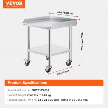 VEVOR Stainless Steel Work Table, 24 x 24 x 30 Inch Commercial Food Prep Worktable with 4 Wheels, Casters, 3-Sided Backsplash Heavy Duty Prep Worktable, Metal Work Table for Restaurant Home Hotel