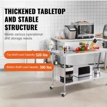 VEVOR Stainless Steel Work Table Commercial Prep Table 30x60 Inch With 4 Casters
