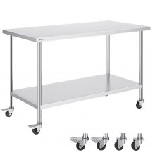 VEVOR Stainless Steel Work Table 30 x 60 x 38 Inch, with 4 Wheels, 3 Adjustable Height Levels, Heavy Duty Food Prep Worktable for Commercial Kitchen Restaurant, Silver