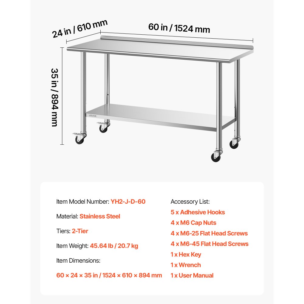 VEVOR Stainless Steel Work Table, 61x152 cm inch Food Prep Table with Wheels and Backsplash, Commercial Kitchen Workstation with Adjustable Undershelf, Metal Utility Worktable, for Restaurant Outdoor