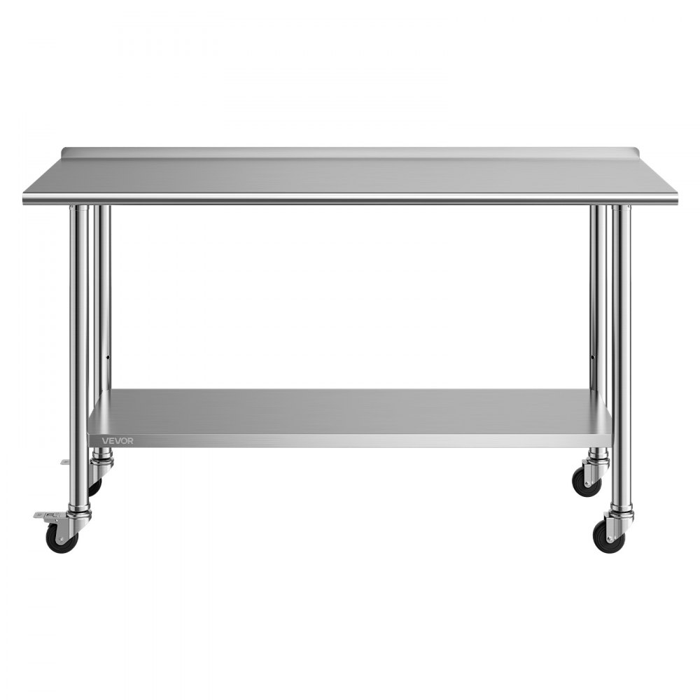 VEVOR Stainless Steel Work Table, 61x152 cm inch Food Prep Table with Wheels and Backsplash, Commercial Kitchen Workstation with Adjustable Undershelf, Metal Utility Worktable, for Restaurant Outdoor