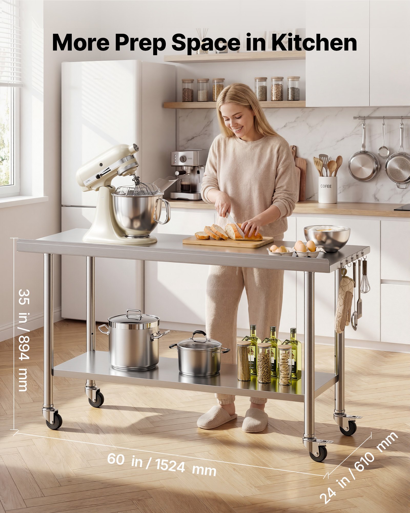 VEVOR Stainless Steel Work Table, 61x152 cm inch Food Prep Table with Wheels and Backsplash, Commercial Kitchen Workstation with Adjustable Undershelf, Metal Utility Worktable, for Restaurant Outdoor