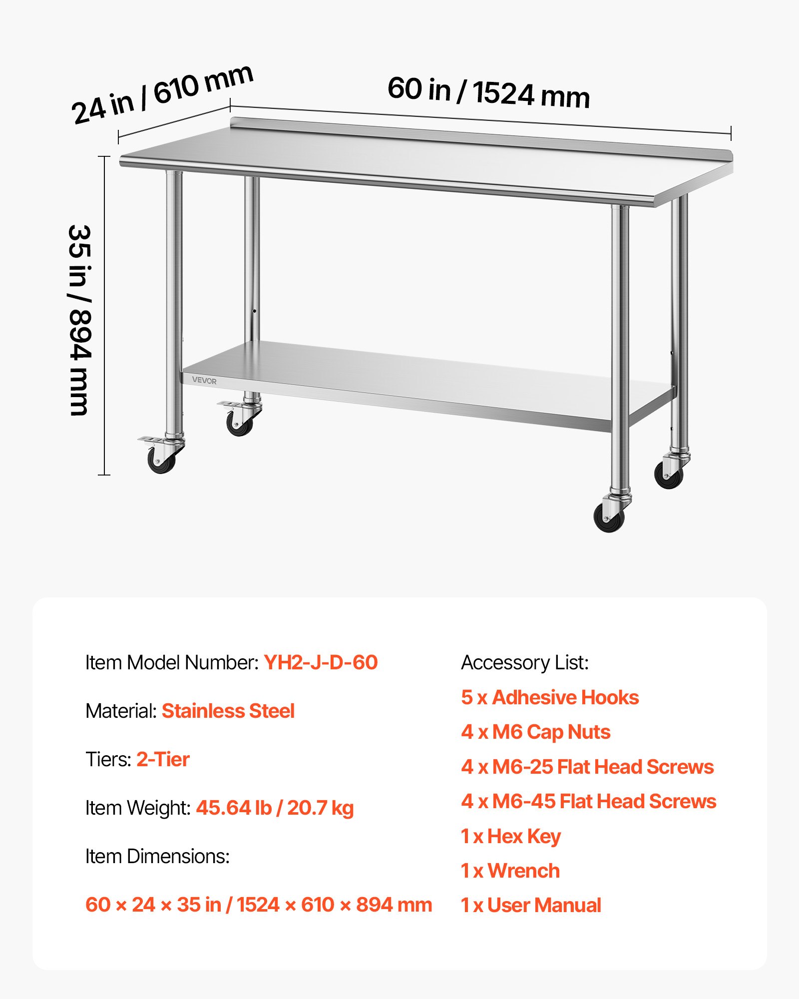 VEVOR Stainless Steel Work Table, 61x152 cm inch Food Prep Table with Wheels and Backsplash, Commercial Kitchen Workstation with Adjustable Undershelf, Metal Utility Worktable, for Restaurant Outdoor