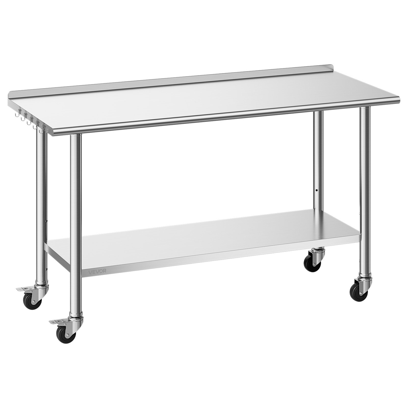 VEVOR Stainless Steel Work Table, 61x152 cm inch Food Prep Table with Wheels and Backsplash, Commercial Kitchen Workstation with Adjustable Undershelf, Metal Utility Worktable, for Restaurant Outdoor