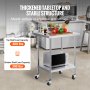 VEVOR stainless steel work table with thickened tabletop, storage shelves, and wheels in a kitchen setting.