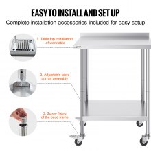 VEVOR 24 x 30 x 40 Inch Stainless Steel Work Table, Commercial Food Prep Worktable with Casters, Heavy Duty Prep Worktable, Metal Work Table with Adjustable Height for Restaurant, Home and Hotel