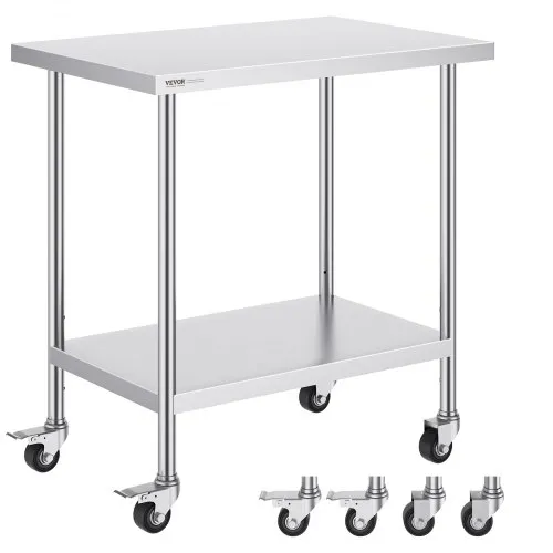 VEVOR Stainless Steel Work Table 24 x 36 x 38 Inch, with 4 Wheels, 3 Adjustable Height Levels, Heavy Duty Food Prep Worktable for Commercial Kitchen Restaurant, Silver