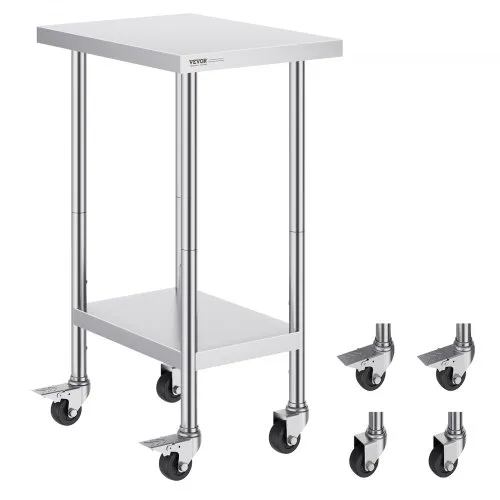 VEVOR Stainless Steel Work Table 24 x 18 x 38 Inch, with 4 Wheels, 3 Adjustable Height Levels, Heavy Duty Food Prep Worktable for Commercial Kitchen Restaurant, Silver