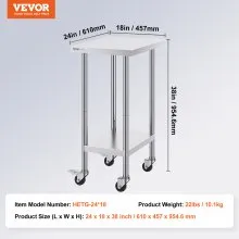 VEVOR Stainless Steel Work Table Commercial Prep Table 24x18 Inch With 4 Casters