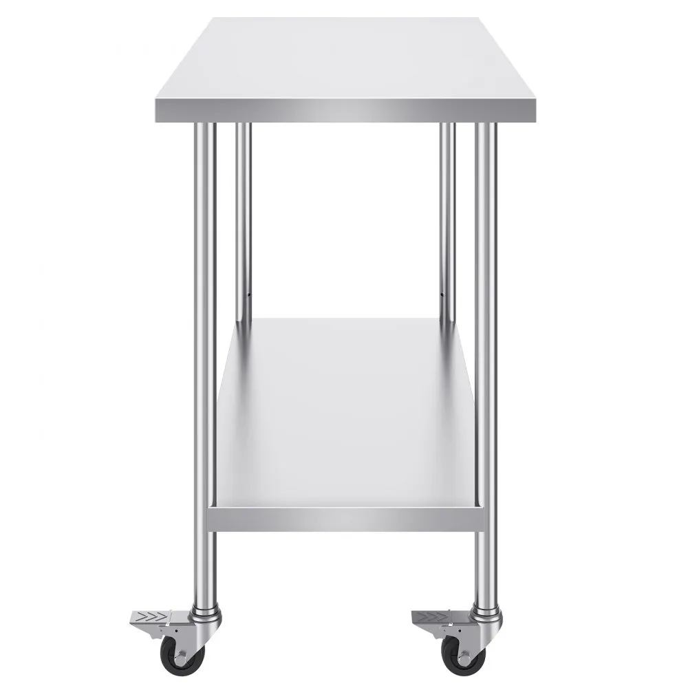 VEVOR stainless steel work table with two shelves and lockable caster wheels.