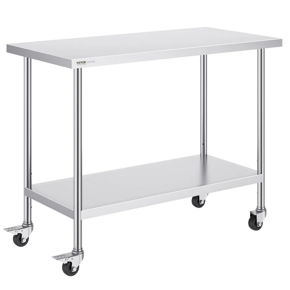 VEVOR stainless steel work table with undershelf and caster wheels for easy mobility.
