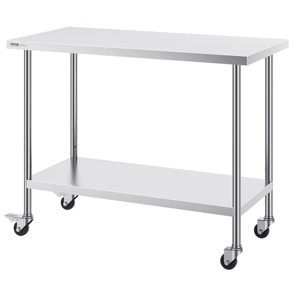 VEVOR stainless steel work table with bottom shelf and caster wheels for easy mobility in modern kitchen.
