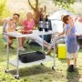 outdoor scene featuring a VEVOR stainless steel work table with wine bottles, food, and a grill in a park.