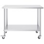 VEVOR stainless steel work table with lower shelf, casters, and durable metal construction.