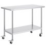 VEVOR stainless steel work table with undershelf and caster wheels for easy mobility.