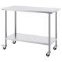 VEVOR stainless steel work table with bottom shelf and caster wheels for easy mobility in modern kitchen.