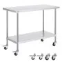 VEVOR Stainless Steel Work Table 24 x 48 x 38 Inch, with 4 Wheels, 3 Adjustable Height Levels, Heavy Duty Food Prep Worktable for Commercial Kitchen Restaurant, Silver