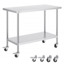 VEVOR Stainless Steel Work Table 24 x 48 x 38 Inch, with 4 Wheels, 3 Adjustable Height Levels, Heavy Duty Food Prep Worktable for Commercial Kitchen Restaurant, Silver