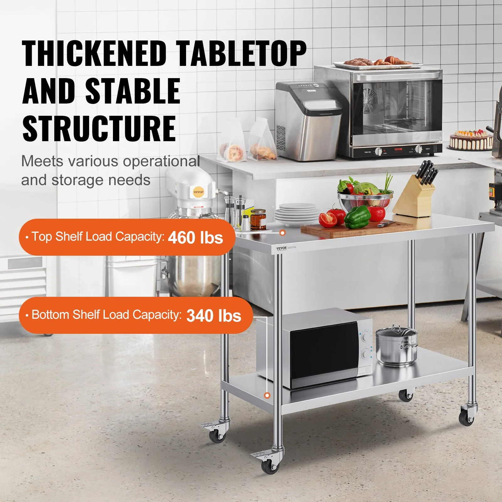 VEVOR stainless steel work table with thickened tabletop and storage, top shelf load capacity 460 lbs.