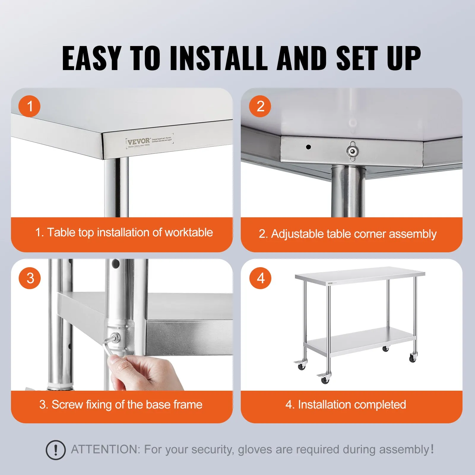 easy assembly guide for VEVOR stainless steel work table, highlighting steps for setup and installation.