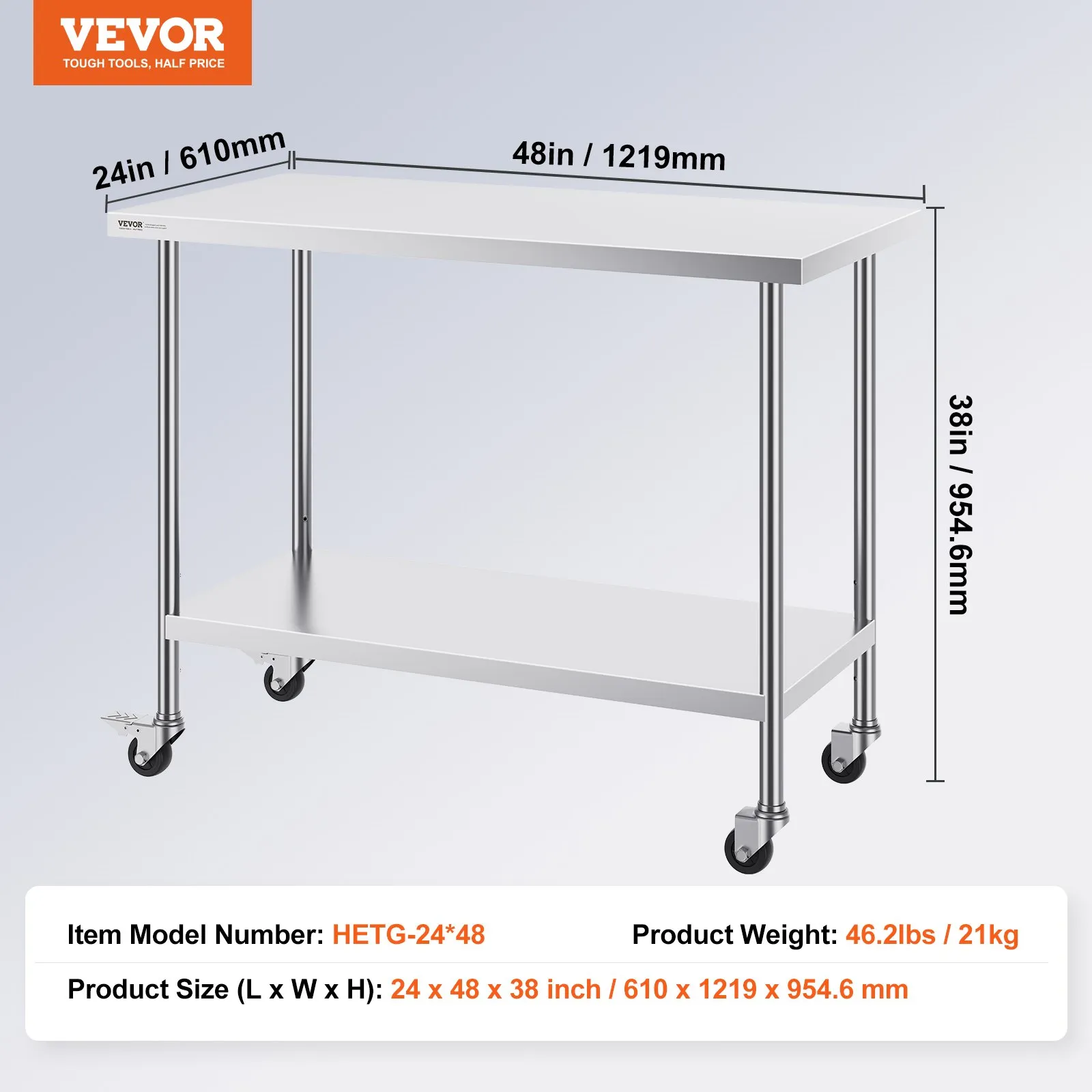 VEVOR stainless steel work table 24&quot;x48&quot;, 38&quot; height, durable, 46.2 lbs, two shelves, rolling casters.