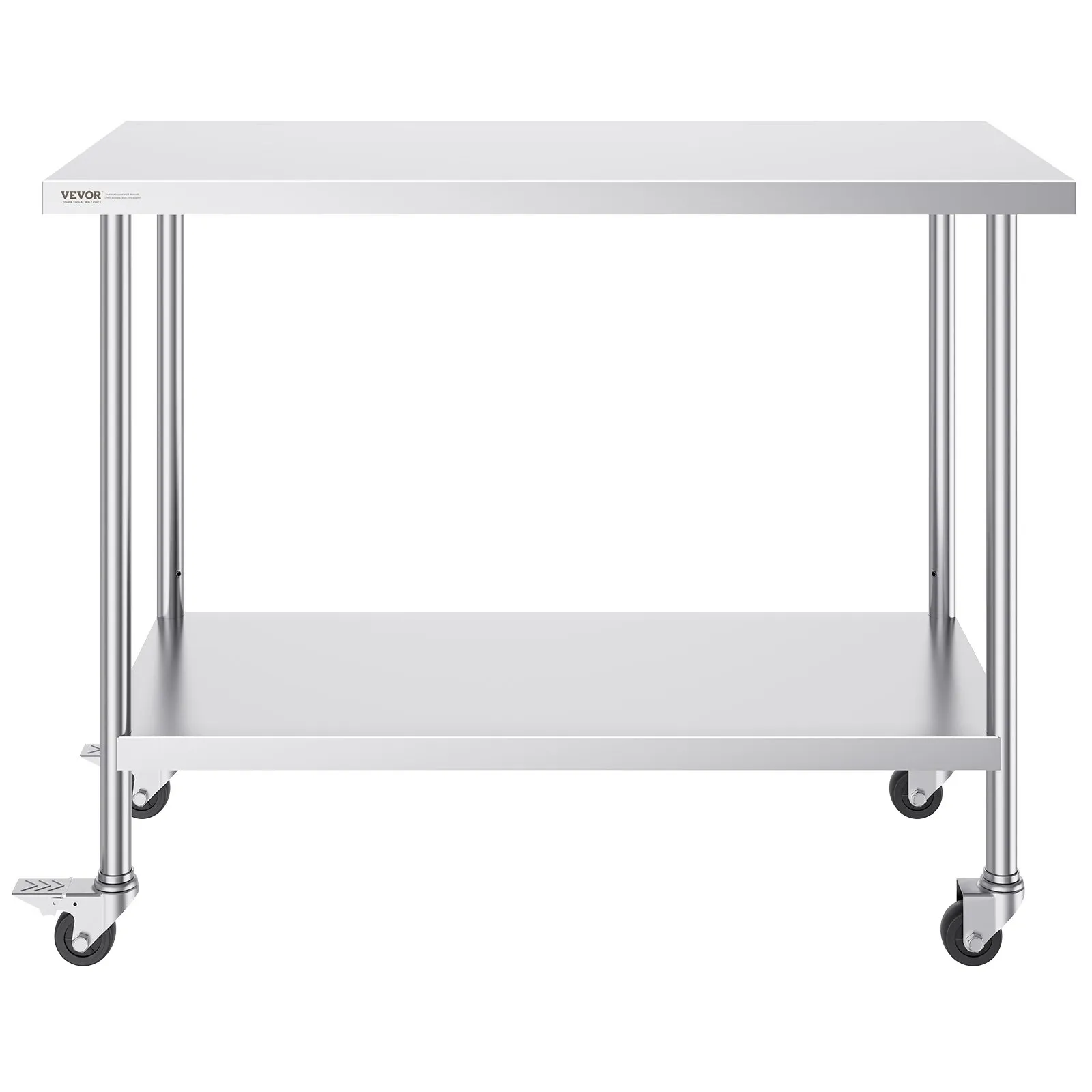 VEVOR stainless steel work table with lower shelf, casters, and durable metal construction.