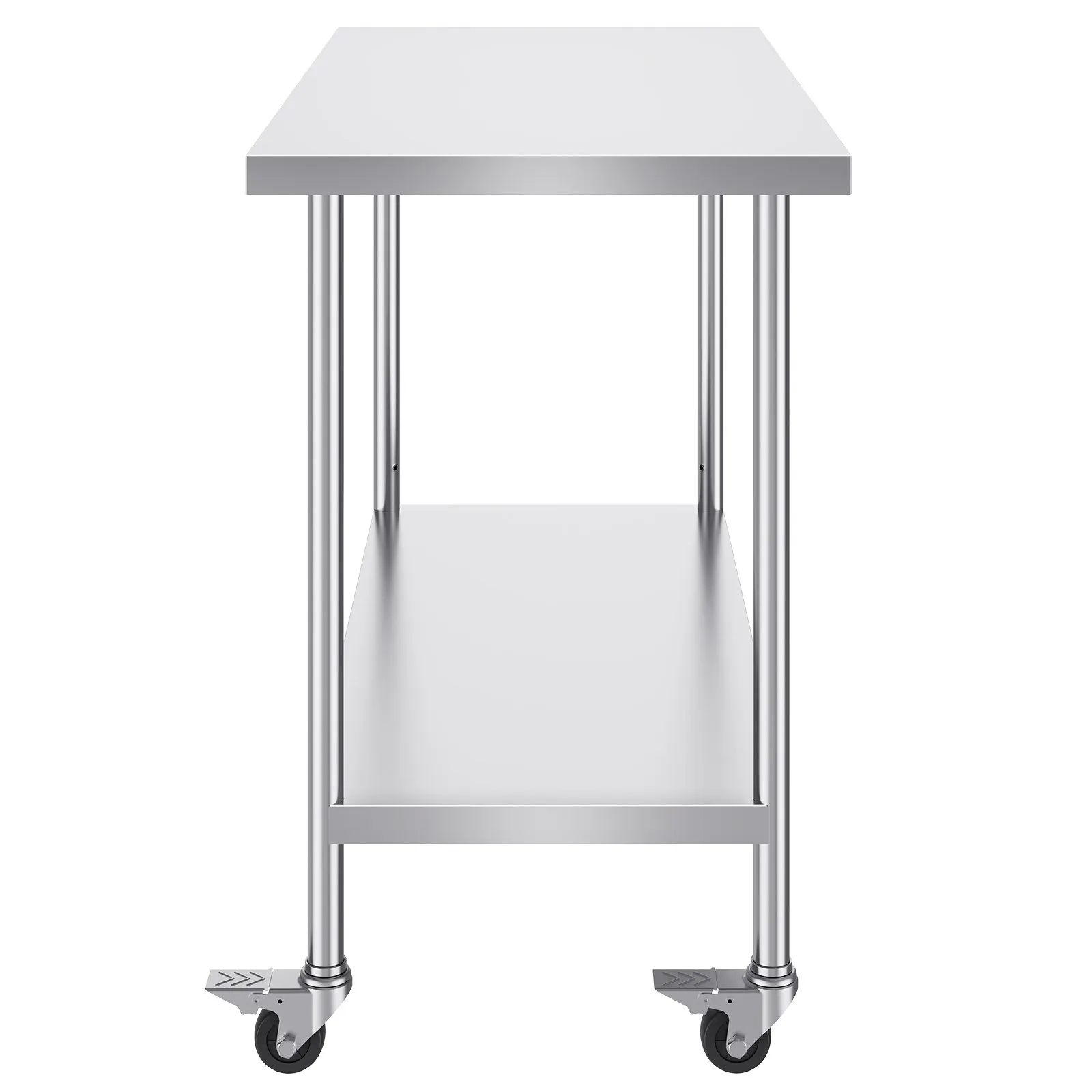 VEVOR stainless steel work table with two shelves and lockable caster wheels.