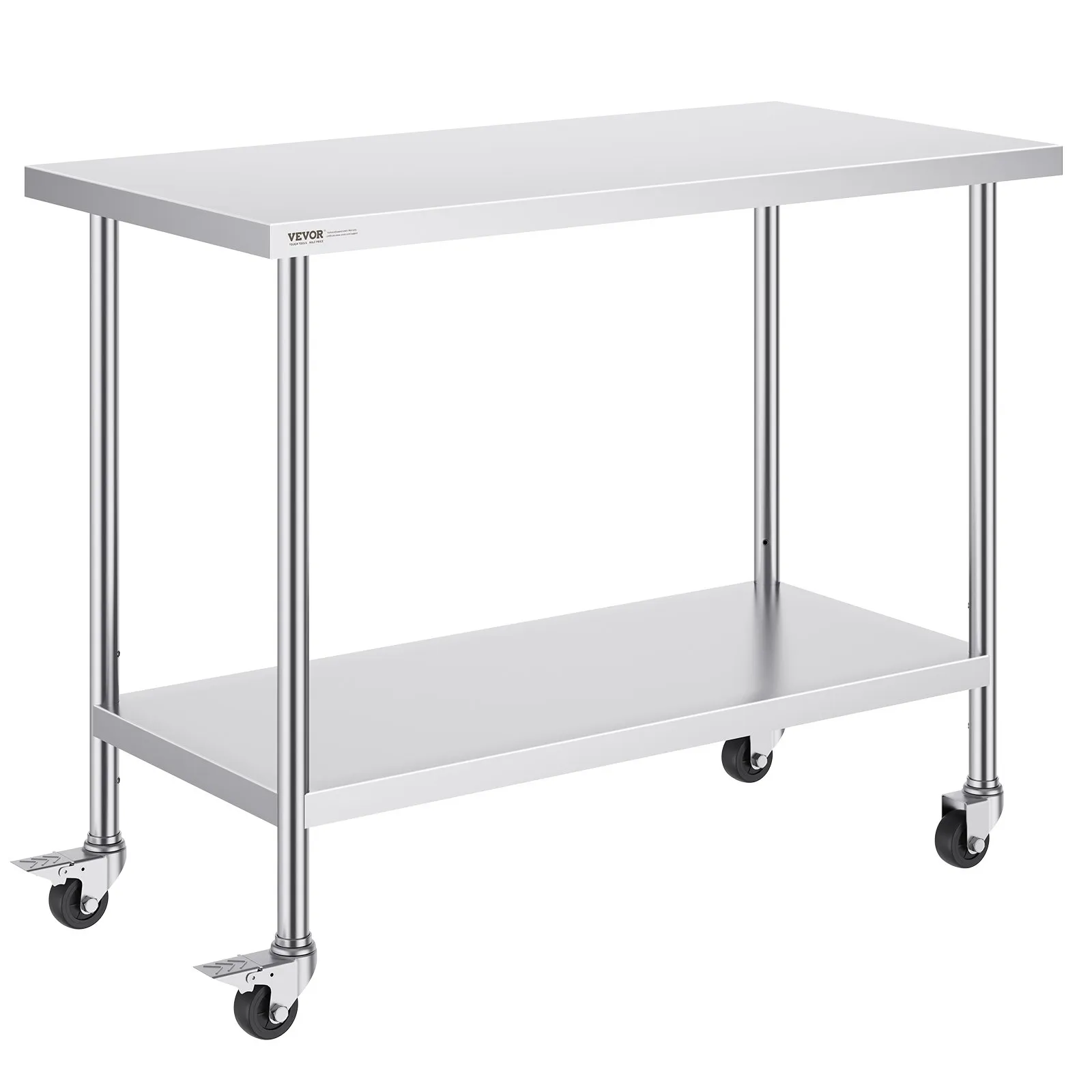 VEVOR stainless steel work table with undershelf and caster wheels for easy mobility.